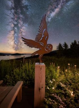 金属猫头鹰栅栏顶饰花园艺术户外装饰品生锈雕塑，生锈的猫头鹰