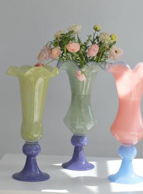 法式简约复古高脚长颈铃兰风灯玻璃花瓶高级感水培插花瓶家居摆件