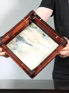 大红酸枝正方形盆景花瓶底座红木嵌云石实木装饰底座文玩木雕摆件