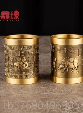 新款纯黄铜笔办筒桌面公室高级创意高送福礼书档桌摆件黄铜摆件百