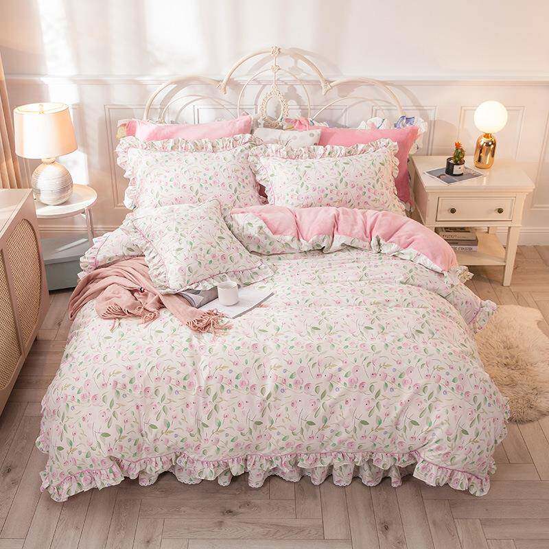 冬季纯珊瑚绒四件28474套棉加绒绒AB面床单被套棉水晶田园公风主 - 图1