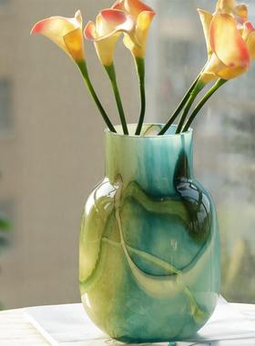 中古风渐变拼色玻璃花瓶摆件客厅餐桌水培复古花瓶简约轻奢装饰品