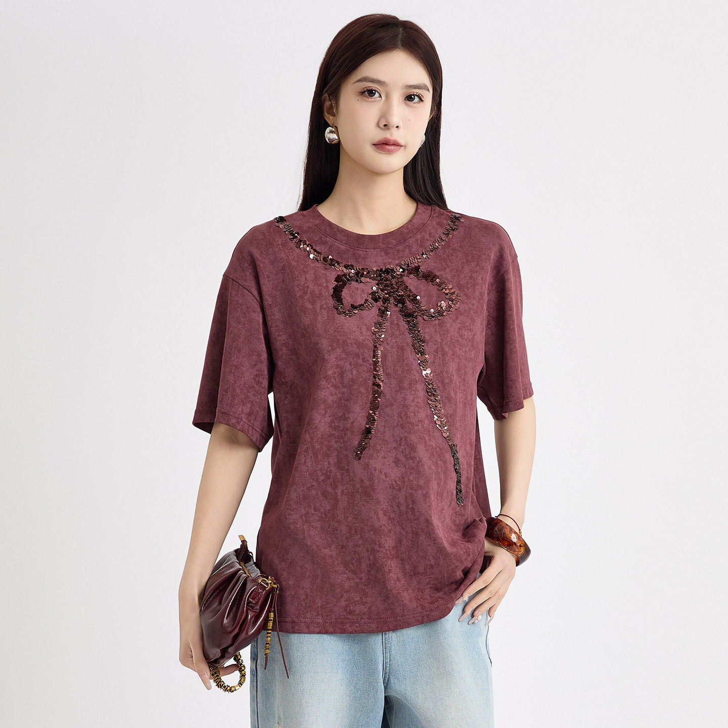 法柚酒红色亮片蝴蝶结短袖T恤2026春季新款设计感小众独特上衣,淘宝优惠券,粉丝福利购,淘宝优惠卷