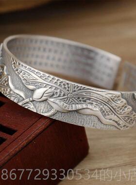 高档花经纯银银手镯999足男女款开口复心古宽版个性银镯子银莲制