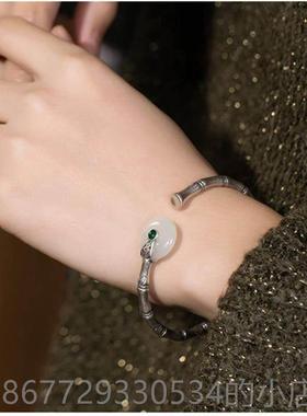 高档竹节白玉平扣镀银银手镯活扣复古简约百搭泰工艺妈送妈安银饰