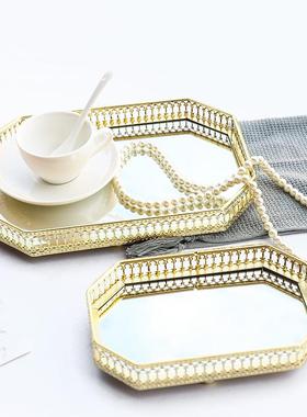 北欧轻奢长方形玻璃镜面托盘客厅家用放茶杯子首饰金属收纳盘摆件