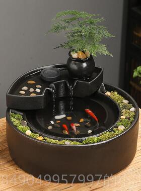 高档流水摆件生循环招水喷泉创意陶瓷财客厅财办公室桌面微景观装