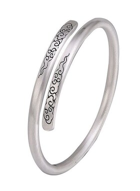 个性国潮复古祥云磨砂做旧手镯女简约云朵开口交叉实心镀银手环