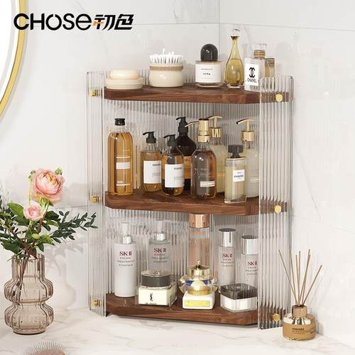 墙角实木三角置物架卫生间洗手台化妆品浴室转角书架亚克力收纳架 - 图0