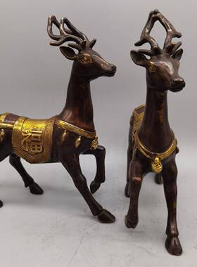 创意小摆鎏金福禄件客厅家摆居紫铜鎏品金福禄鹿件一对摆工艺现代