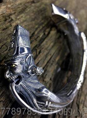 高档男霸气黑白常开口手镯S92款5纯银七财爷一见生八爷天下太平无