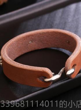 高档宽版手工真皮吾枥木鞍革95银菊格花钉覆古高桥郎风皮手2环手