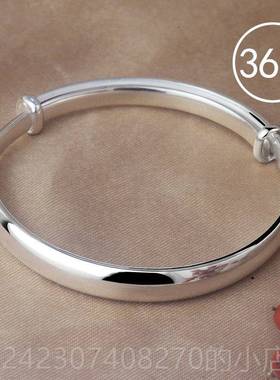 正品999银手镯女年款宽面手纯饰光面实心手推拉银镯镯子送轻妈妈