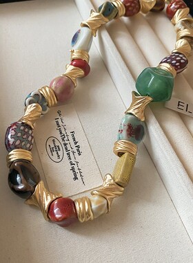 民族风陶瓷花朵项链小众复古夸张锁骨链轻奢百搭高级感项饰女