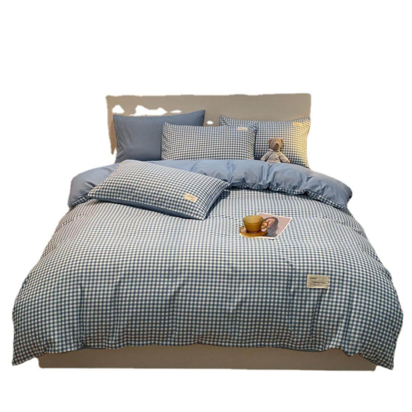 新款水洗棉磨毛纯棉四件套格子亲肤学生宿舍单被套床笠三件套,淘宝优惠券,粉丝福利购,淘宝优惠卷