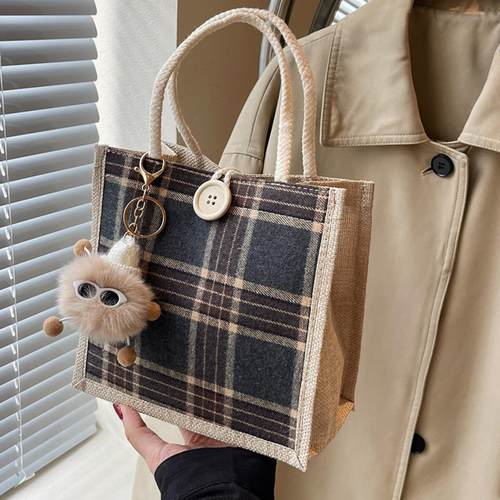 上班式包包女时尚亚麻帆布包女洋气百搭单肩手提袋子 - 图0