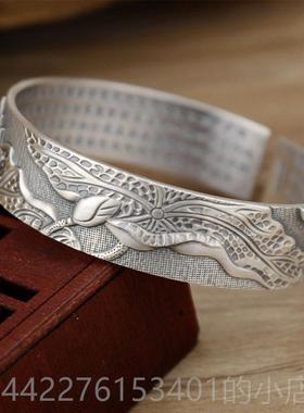 正品银莲花心经纯银手镯999个足银款男女开口复古宽版性镯子银制