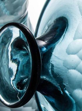 浅蓝磨刻细脖玻璃花瓶 水培富贵竹花器家居装饰摆件工艺品