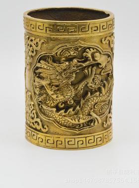 铜黄色小龙双龙戏珠笔筒书房办公桌摆件金属工艺品