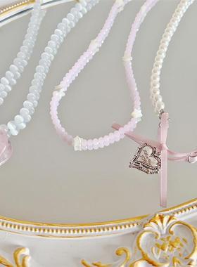 甜美五角星贝壳项链女小众水晶猫眼珍珠蝴蝶结串珠复古甜锁骨颈链