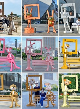 卡通动物网红打卡合影相框雕塑玻璃钢座椅拍照探店售楼部景区装饰