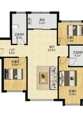 户型图在线分析店铺办公室住宅家居布局看房子选房屋装修缺角摆件