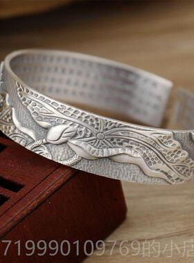 高档莲花心纯银手镯99足男女款开口复古银宽版个性银镯子9银制经