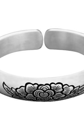 正品银手工定妈制999足银手镯女纯实妈心开口覆古银饰款贵妃古法