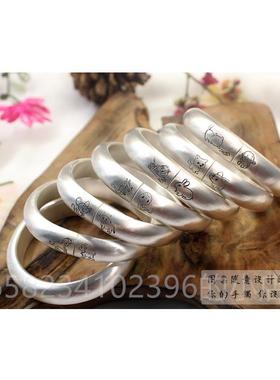 高档手银手镯女99款9纯银开 口实心覆古银饰妈妈古工法蹄形马足银