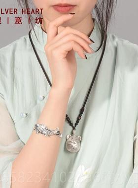 高档999纯银手镯女工小鲤鱼9莲蓬银重饰浮雕银镯子实心复古生日礼