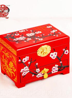 高档平遥红储古可锁木制覆龙凤婚礼加厚28光三层新款推式漆器首饰