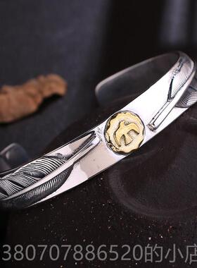 高档分S925银复古子手工银高桥郎风格羽毛牌手镯男吾士开口手镯潮