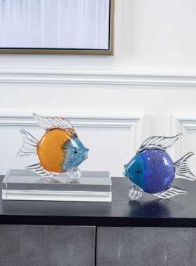 新款木南高档琉璃鱼件亲摆嘴鱼玻奢璃酒柜轻客厅家居装饰品摆件工