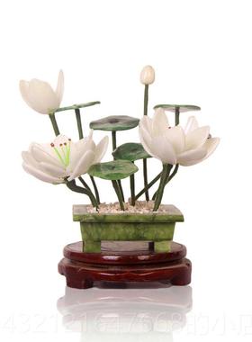 高档式中风格石白荷花摆件玉仿真莲花盆景家装饰客厅佛堂居供奉佛