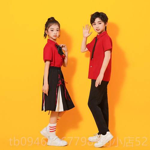 正品六一儿童红色衬衫演服中国风服男女童小学生合唱表班动运服演 - 图2