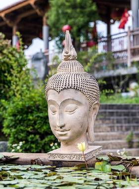 高档中式复大佛头摆件 泰摆国东南亚院办公庭室玄关玻璃古钢仿石