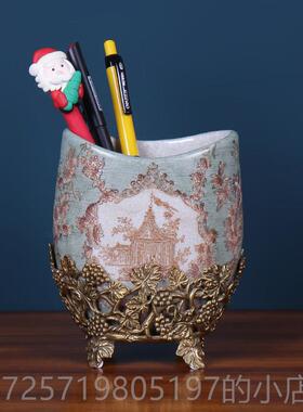 高档欧式古陶复瓷笔彩绘办公室书桌面收纳房盒子家居装筒饰工艺品