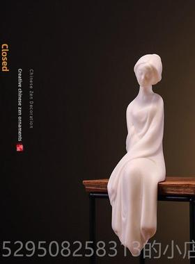 高档仕女白瓷人中式禅意意陶瓷家用客厅办品公室桌面装物饰工艺创