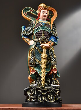 彩绘木雕伽蓝韦陀佛像摆件实木韦驮关公菩萨左右护法关公寺庙佛堂