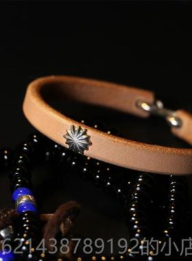 高档一休高桥郎进口日本枥鞍纯革植鞣革木925银钩皮手吾环手镯