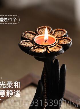 正品异丽泰实木工艺品复古意佛手花烛莲台客厅禅意创茶具国装饰摆