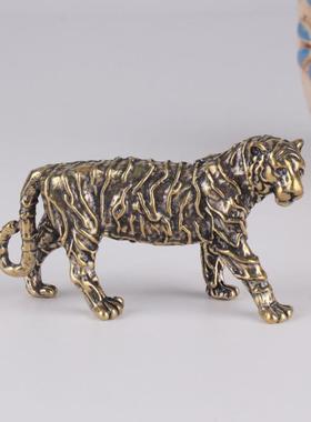 黄铜实心生肖老虎文镇书桌摆件仿古微雕古铜茶宠手把件工艺品