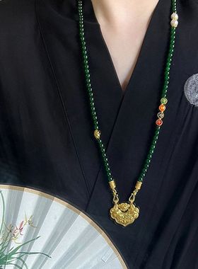 新中式国风珍珠串珠项链墨玉配如意锁中式典雅韵味旗袍毛衣链配饰