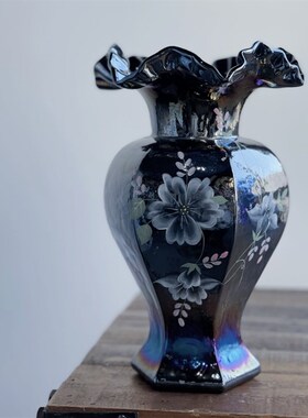 中古芬顿六角羽毛大肚鎏金深色纯手工彩绘琉璃花瓶水养插花器摆件