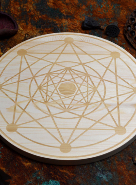 水晶木盘底盘矩阵晶网格底座自然实木制摆件麦达昶几何图案水晶盘