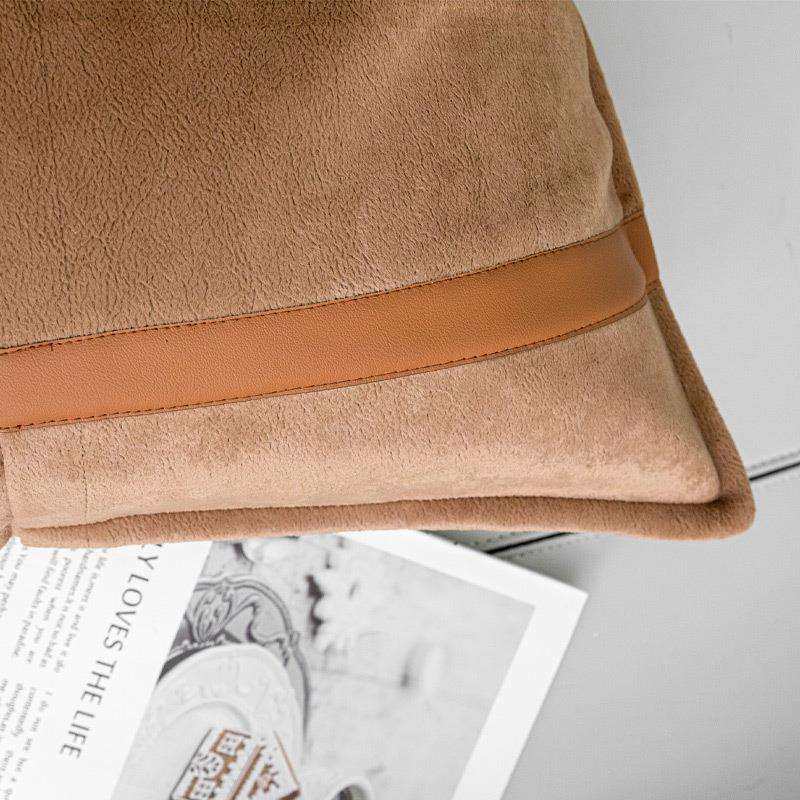 轻奢样板间客厅沙发装饰抱枕套橘咖色绒面拼贴PU皮革软装设计师款,淘宝优惠券,粉丝福利购,淘宝优惠卷