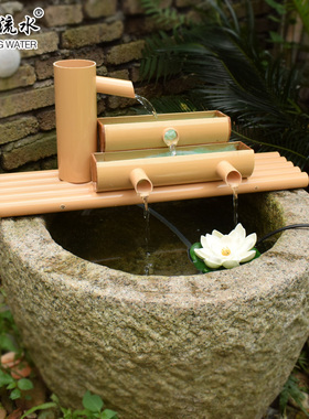 PVC竹子流水器喷泉鱼缸石槽过滤器招财水车竹筒增氧循环流水摆件