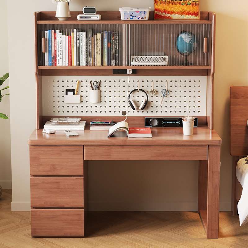 Nordic solid wood desk bookshelf bookcase integrated home small apartment bedroom multi-functional hole board student computer desk