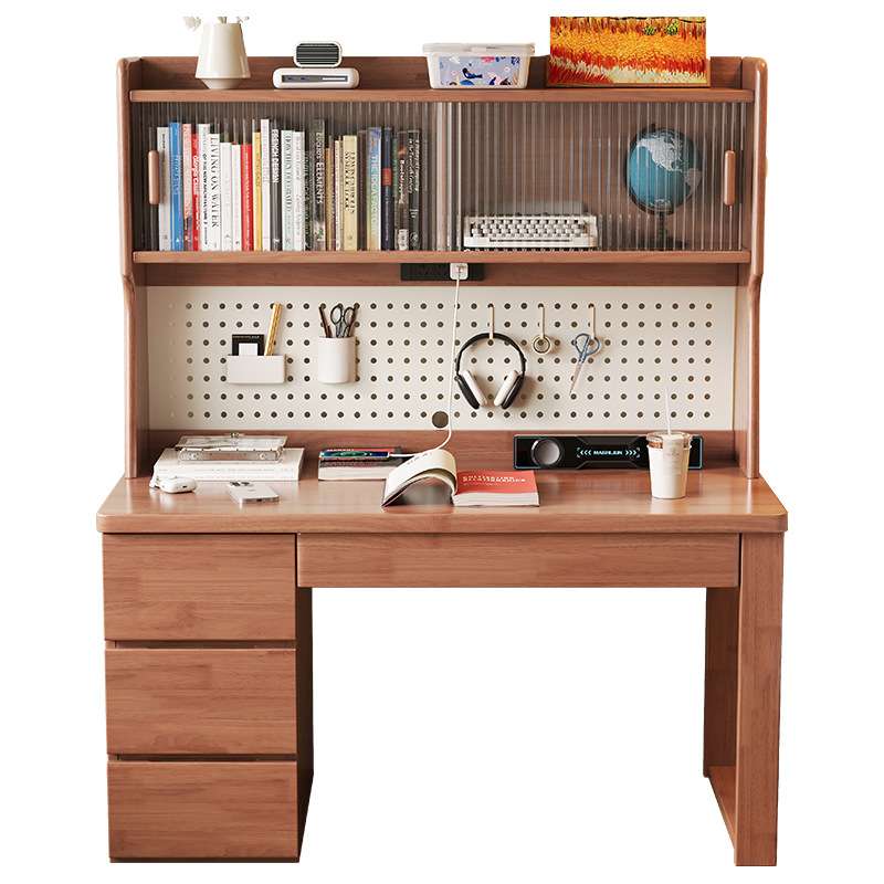 Nordic solid wood desk bookshelf bookcase integrated home small apartment bedroom multi-functional hole board student computer desk