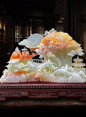 件然玉石牡丹玉雕摆天客厅玄关柜家居饰品玉石工艺品乔迁新居装饰